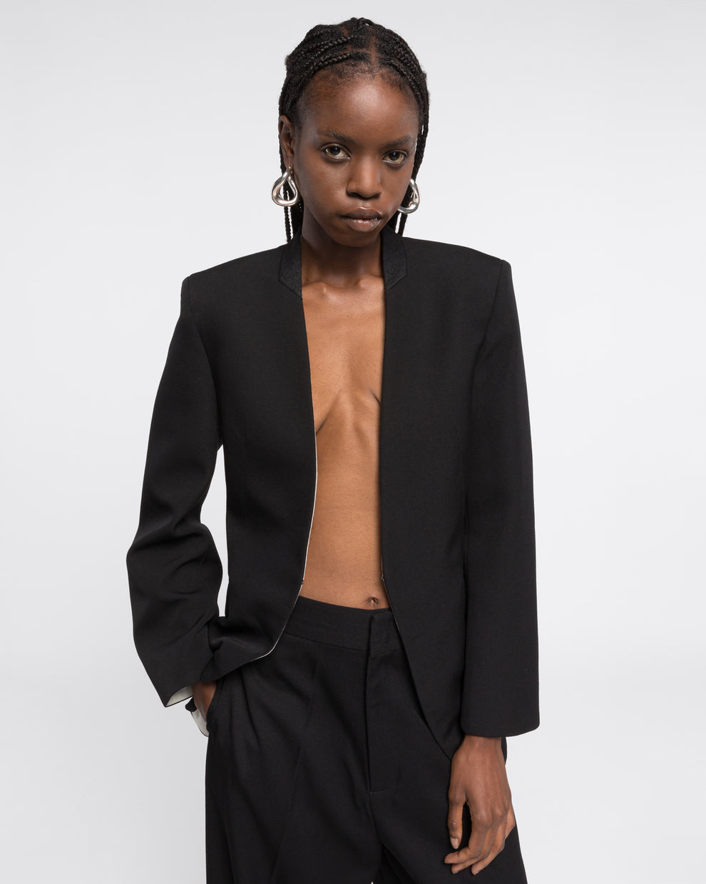 COLLARLESS WOOL BLAZER - BLACK - AZ Factory
