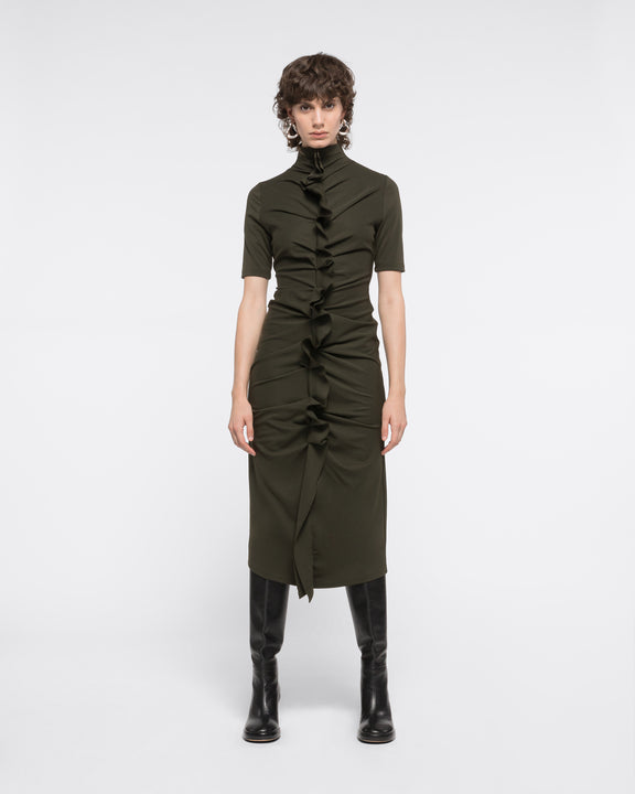 
RUFFLED TURTLENECK DRESS - DARK KHAKI - AZ Factory