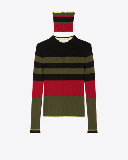 COLORBLOCK CREWNECK WITH A SNOOD - BLACK STRIPES