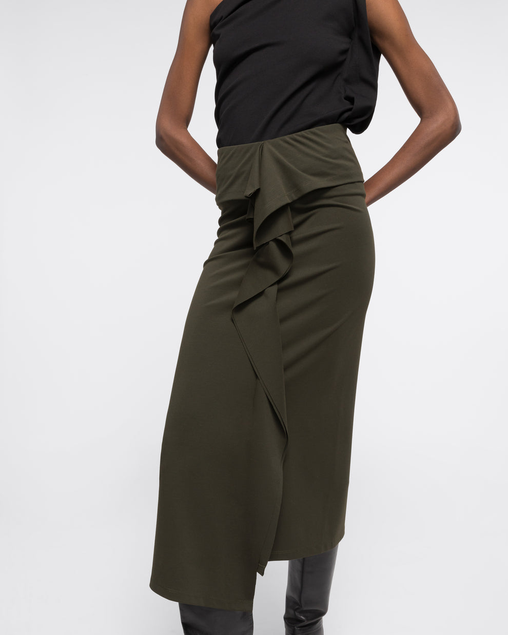 RUFFLED JERSEY SKIRT - DARK KHAKI - AZ Factory