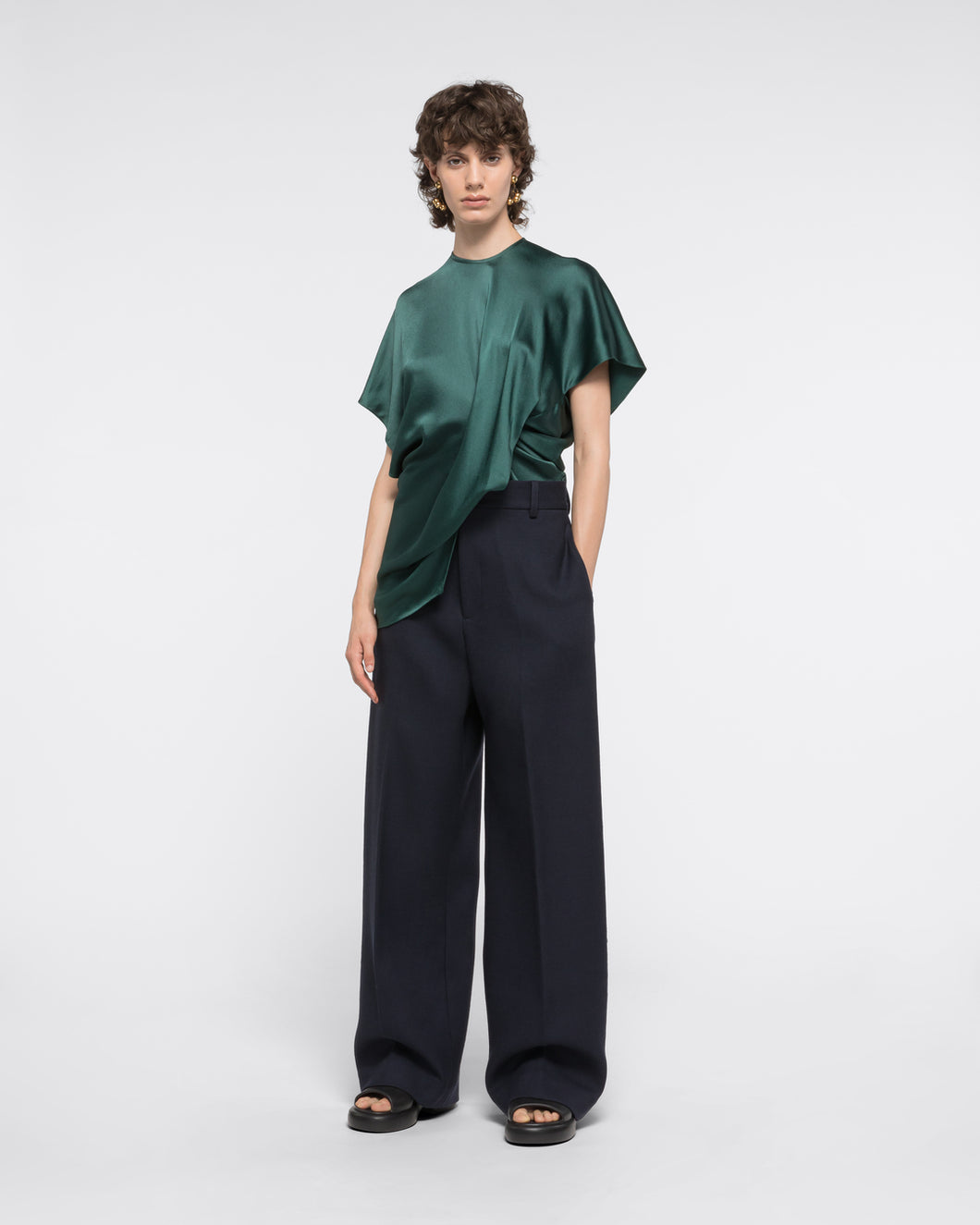 ASYMMETRIC SATIN T-SHIRT - BOTTLE GREEN