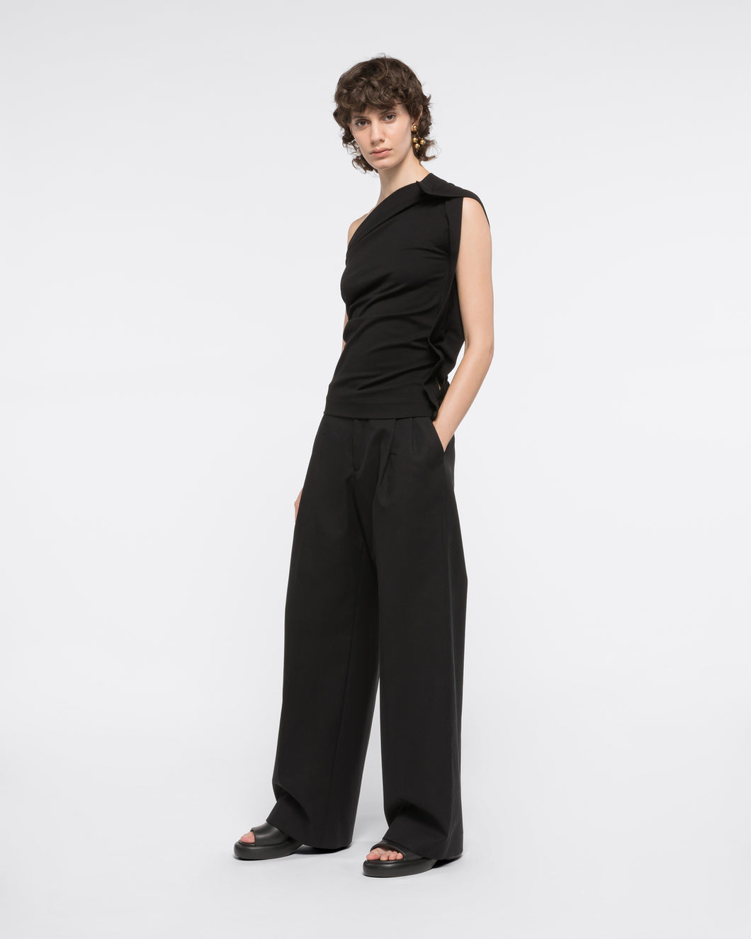 COTTON WIDE-LEG PANTS - BLACK