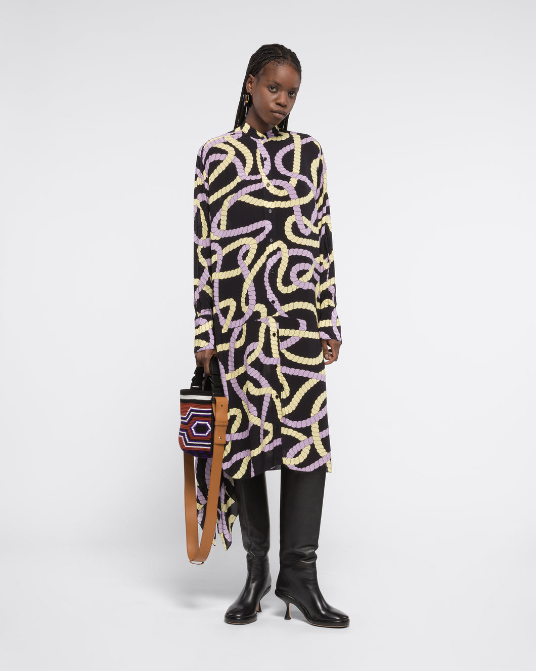 PRINTED MIDI SHIRT DRESS - BLACK CORD
