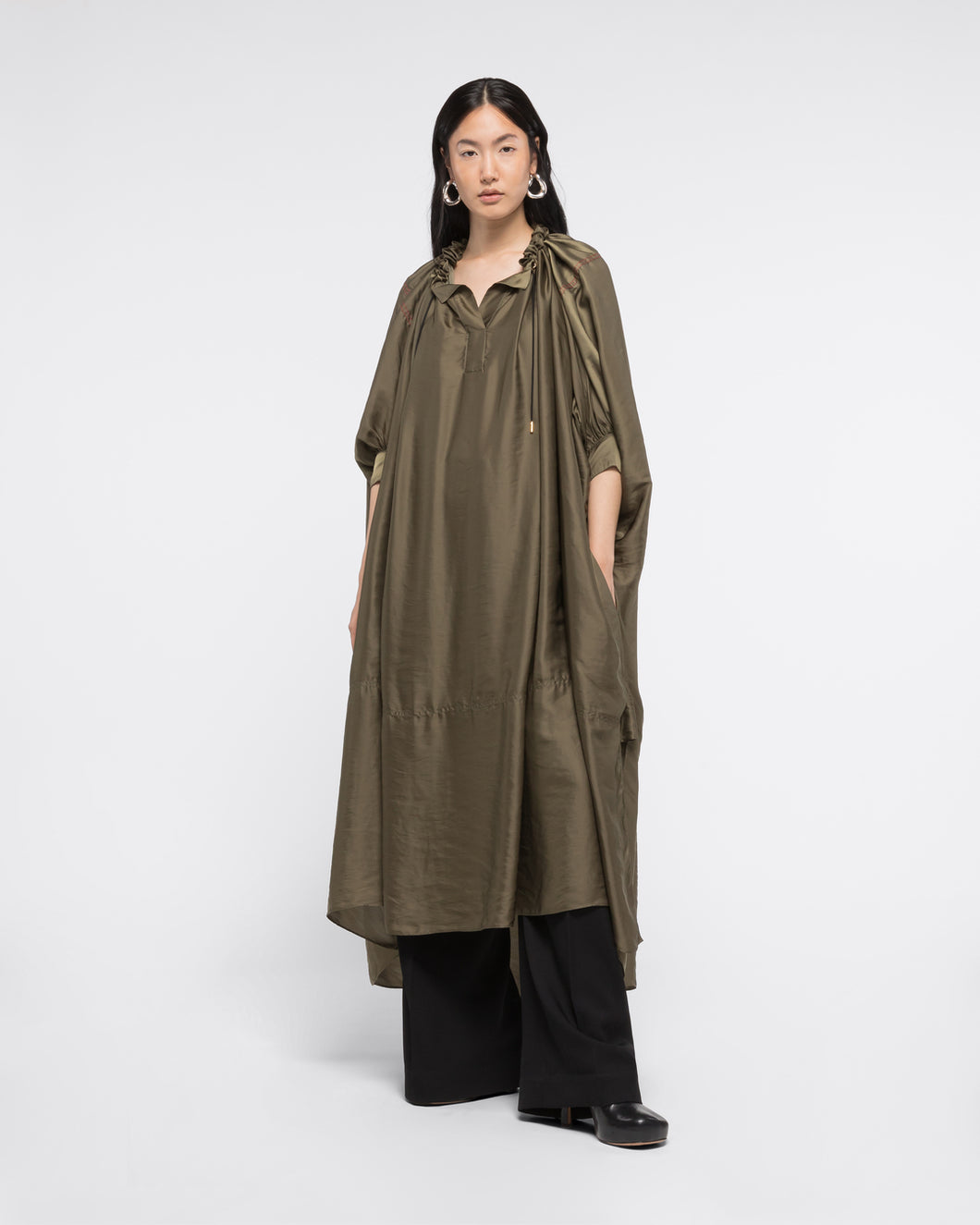 RUCHED NECKLINE KAFTAN - KHAKI