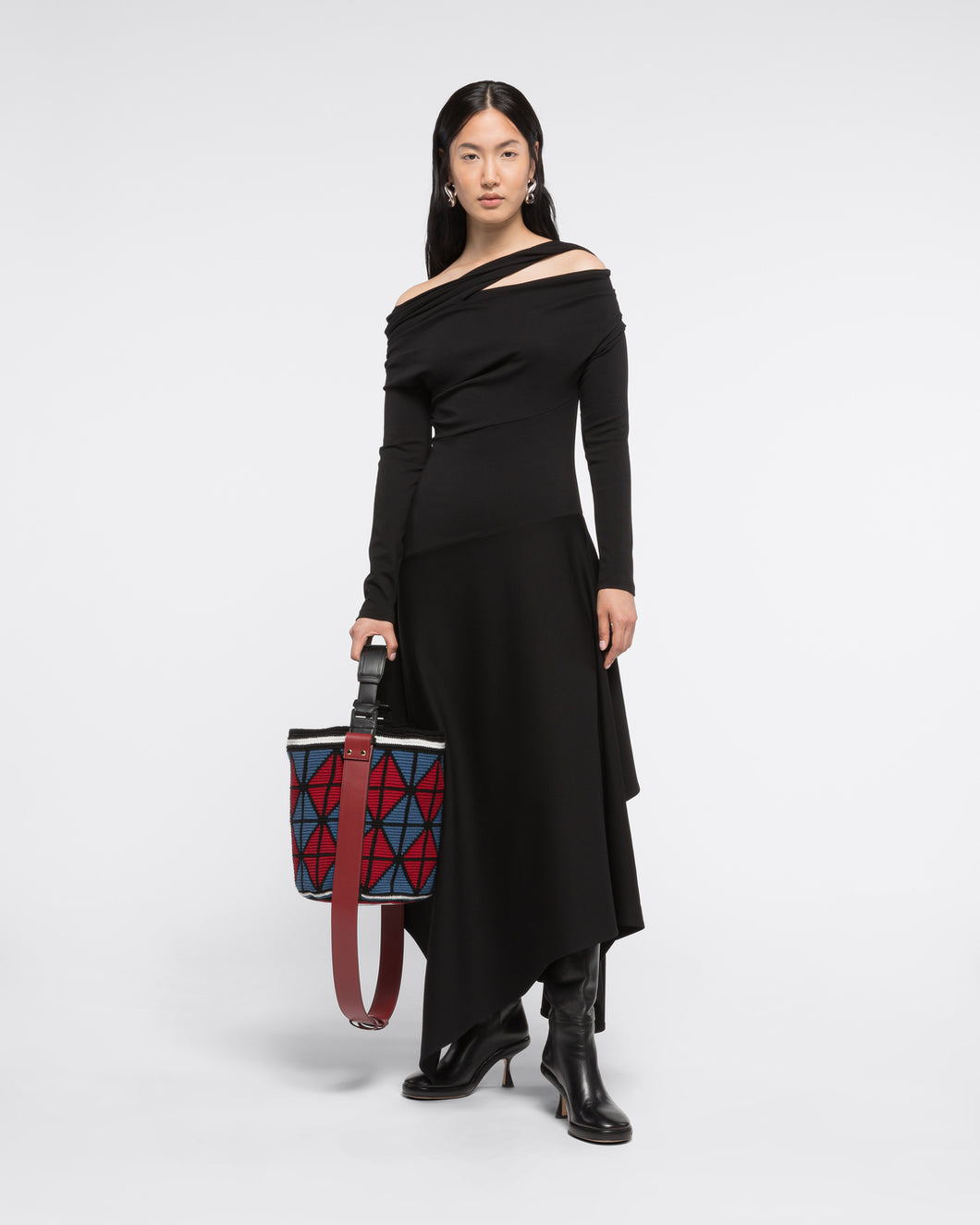 DRAPED ASYMMETRIC SHOULDER DRESS - BLACK