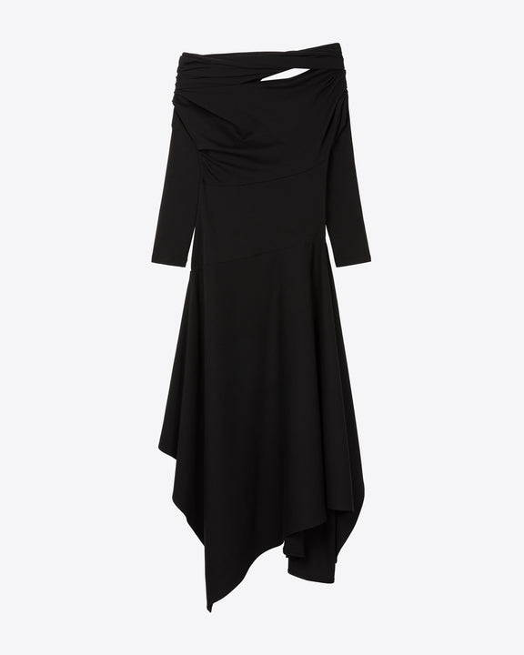 
DRAPED ASYMMETRIC SHOULDER DRESS - BLACK - AZ Factory