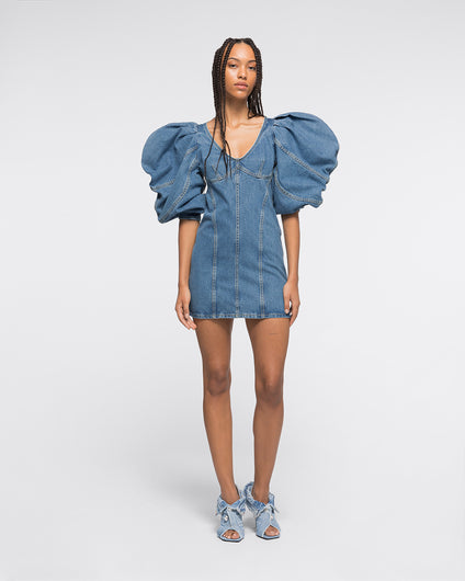 BALLOON SLEEVE DRESS - BLUE