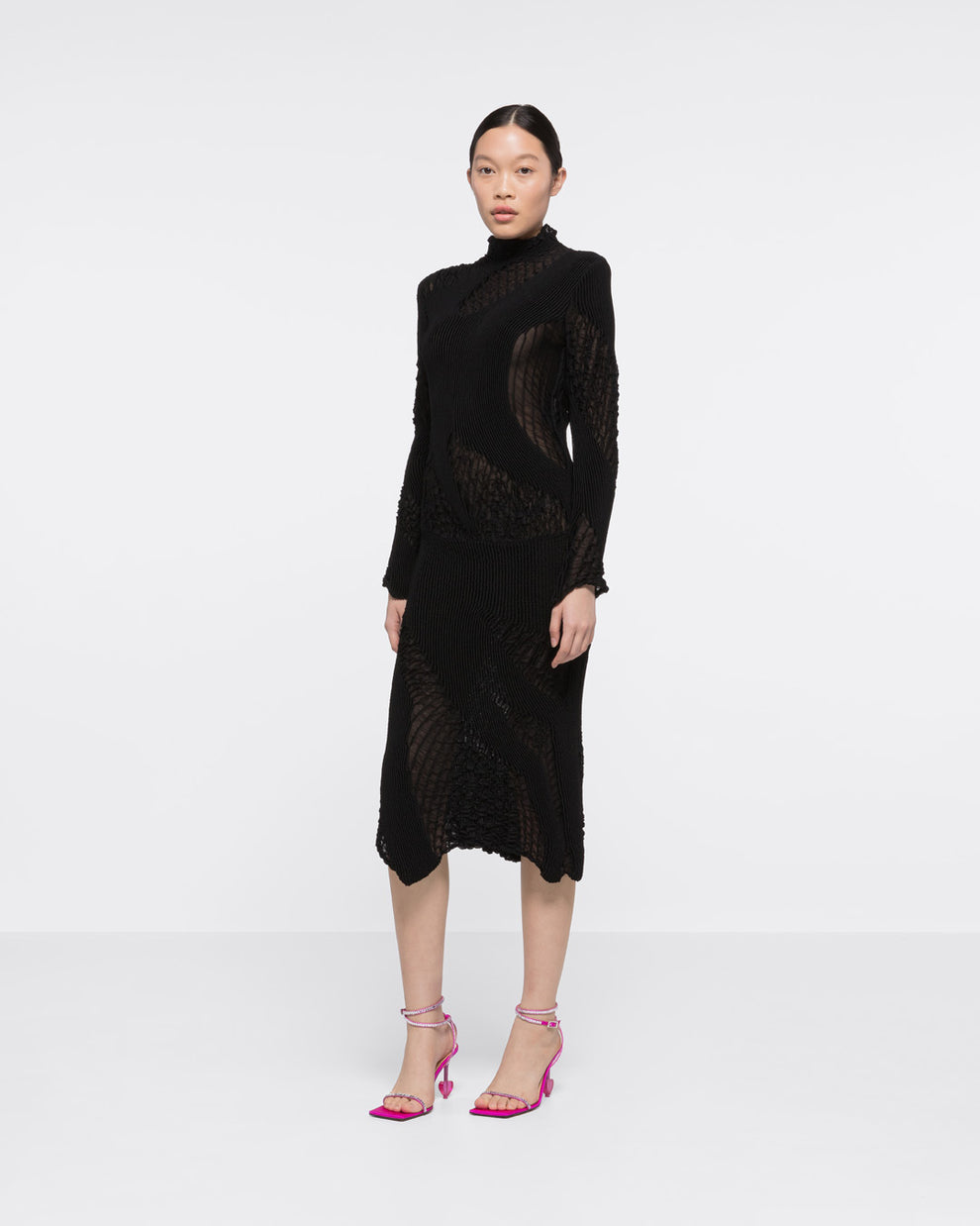 TEXTURED KNIT TURTLENECK DRESS - BLACK - AZ Factory