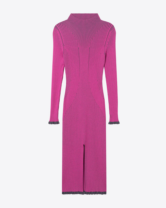 
RIBBED KNIT TURTLENECK SLIT DRESS - FUCHSIA/GREY - AZ Factory