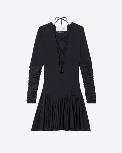 LACE UP FLARE DRESS - BLACK