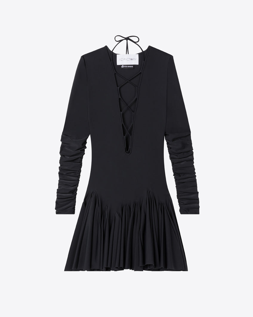 LACE UP FLARE DRESS - BLACK - AZ Factory