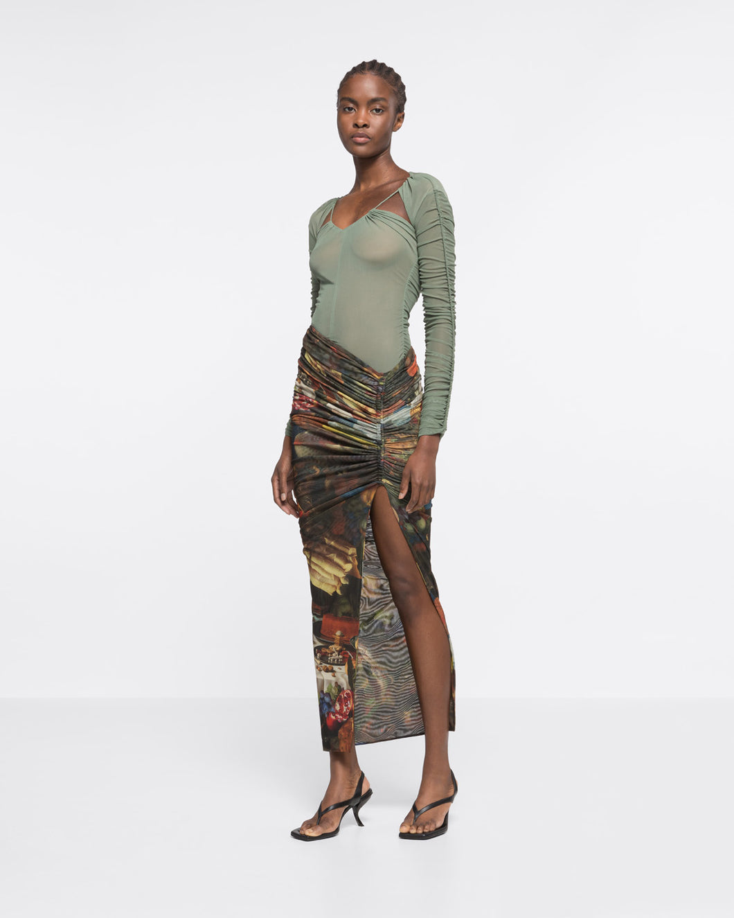 RUCHED LONG SLEEVE TOP - KHAKI