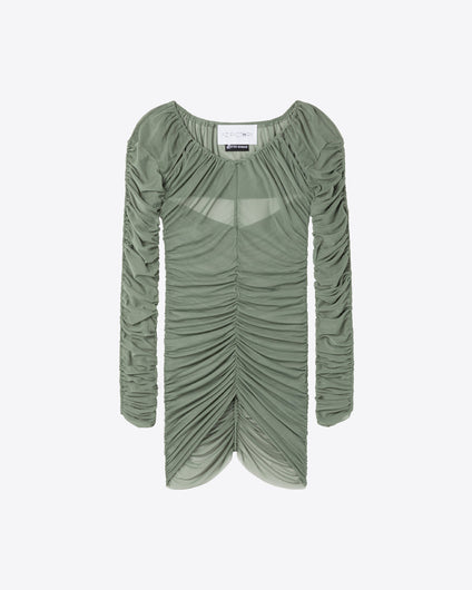 RUCHED LONG SLEEVE TOP - KHAKI