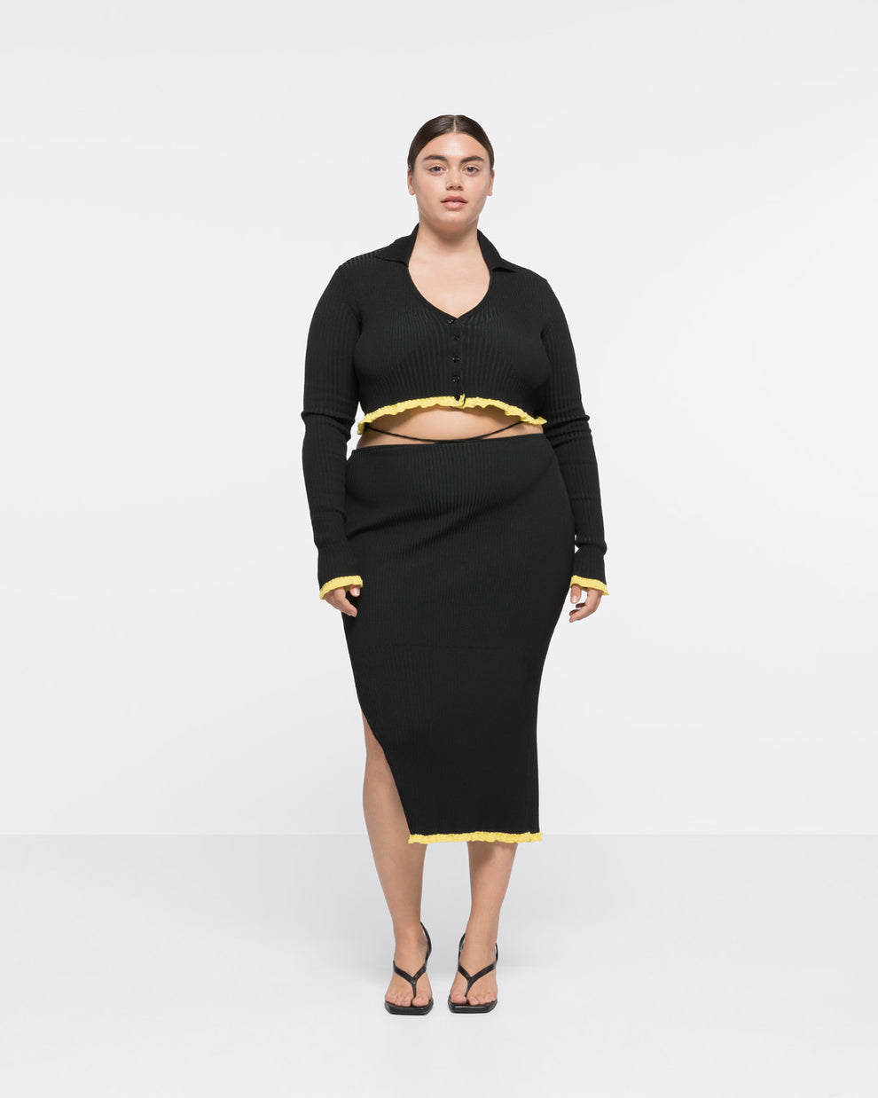 RIBBED KNIT BUTTON-DOWN CROP TOP - BLACK/DARK GREEN - AZ Factory