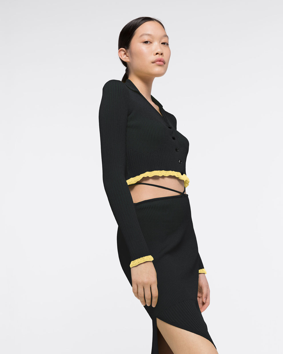 RIBBED KNIT BUTTON-DOWN CROP TOP - BLACK/DARK GREEN - AZ Factory