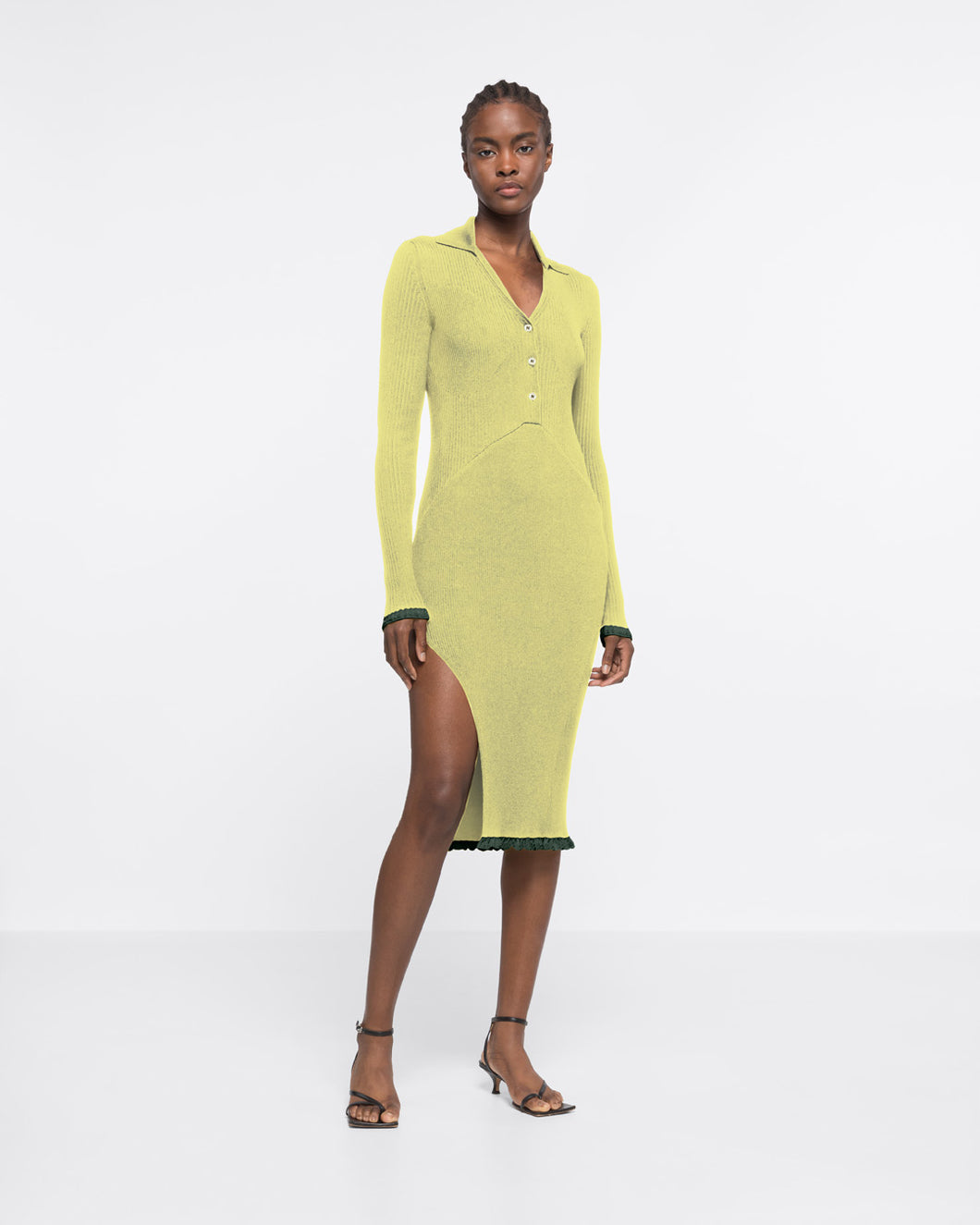 RIBBED KNIT BUTTON-DOWN DRESS - YELLOW/GREY