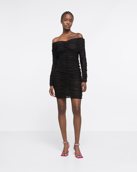 LONG SLEEVE RUCHED DRESS - BLACK - AZ Factory