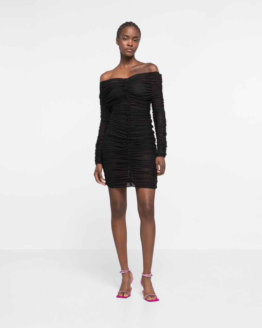 LONG SLEEVE RUCHED DRESS - BLACK - AZ Factory