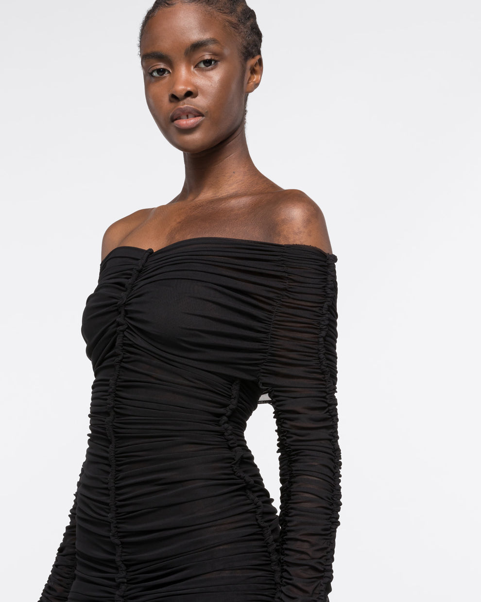 LONG SLEEVE RUCHED DRESS - BLACK - AZ Factory