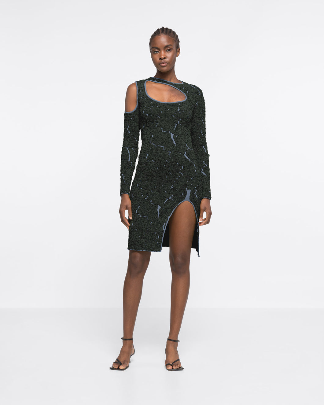 JACQUARD KNIT CUT-OUT DRESS - DARK GREEN/GREY