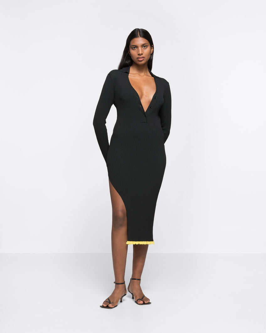 RIBBED KNIT BUTTON-DOWN DRESS - BLACK/DARK GREEN - AZ Factory