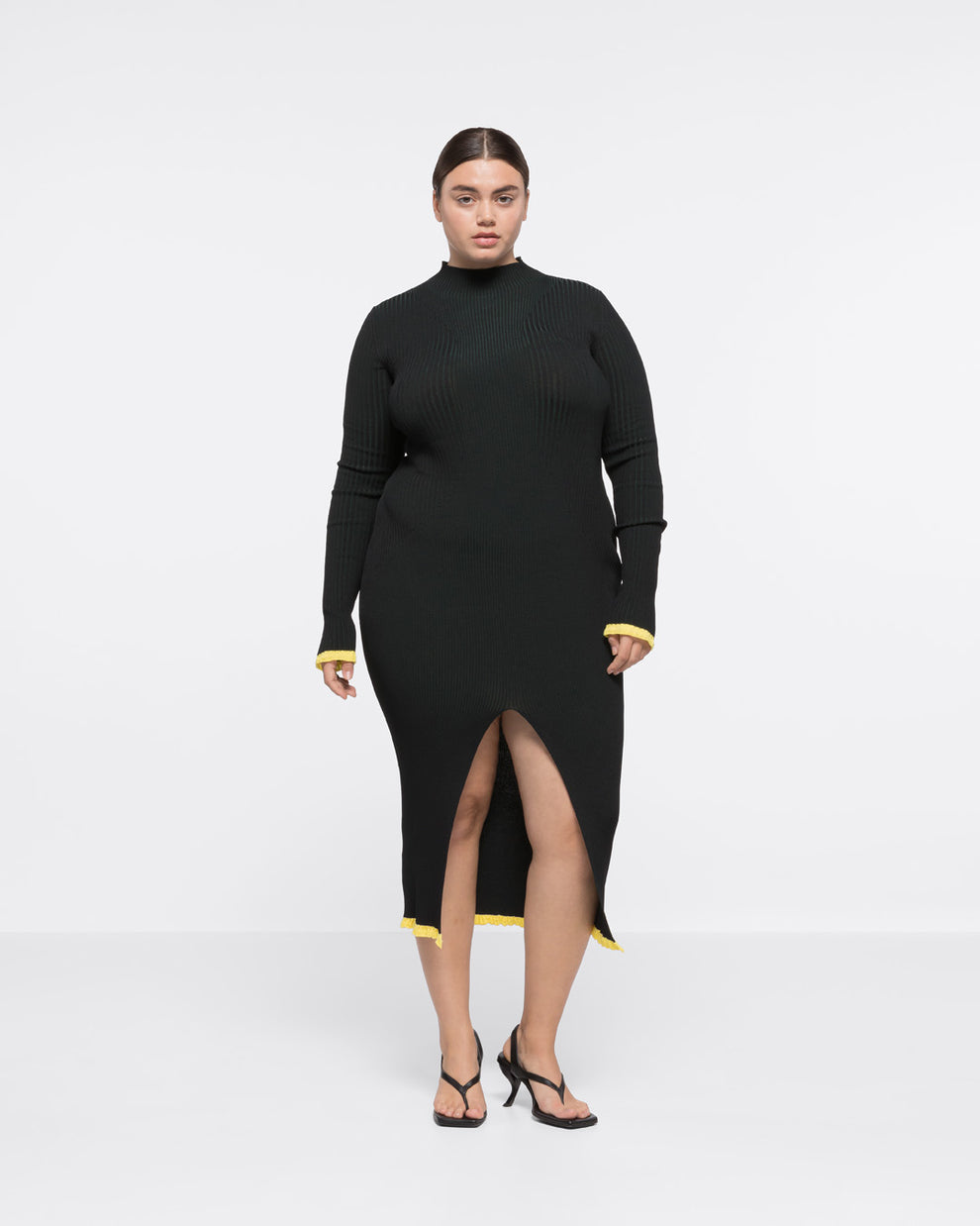 RIBBED KNIT TURTLENECK SLIT DRESS - BLACK/DARK GREEN - AZ Factory