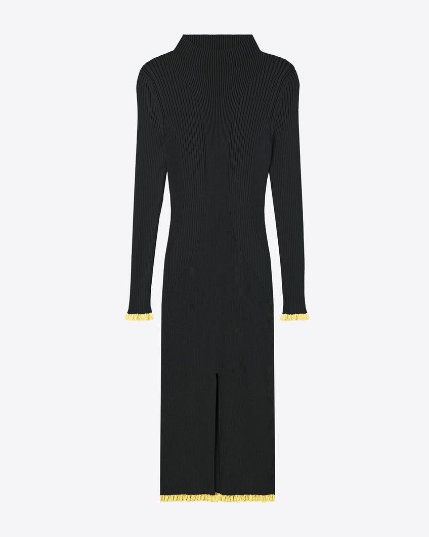 RIBBED KNIT TURTLENECK SLIT DRESS - BLACK/DARK GREEN - AZ Factory