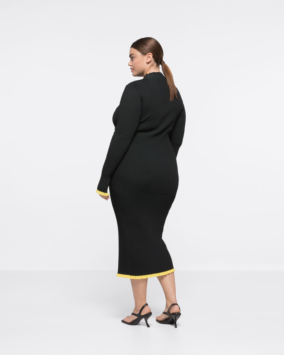 RIBBED KNIT TURTLENECK SLIT DRESS - BLACK/DARK GREEN - AZ Factory