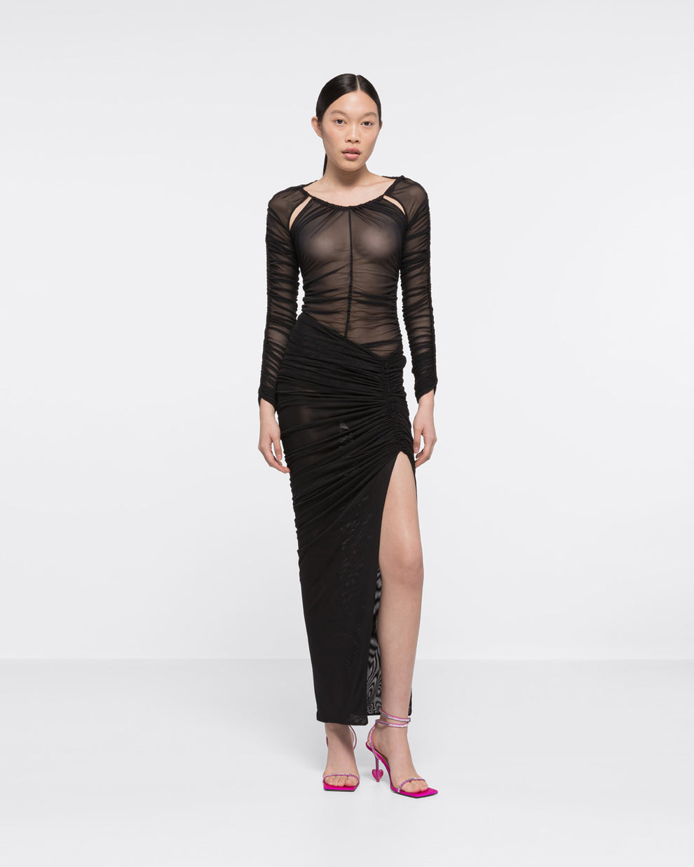 RUCHED LONG SLEEVE TOP - BLACK - AZ Factory