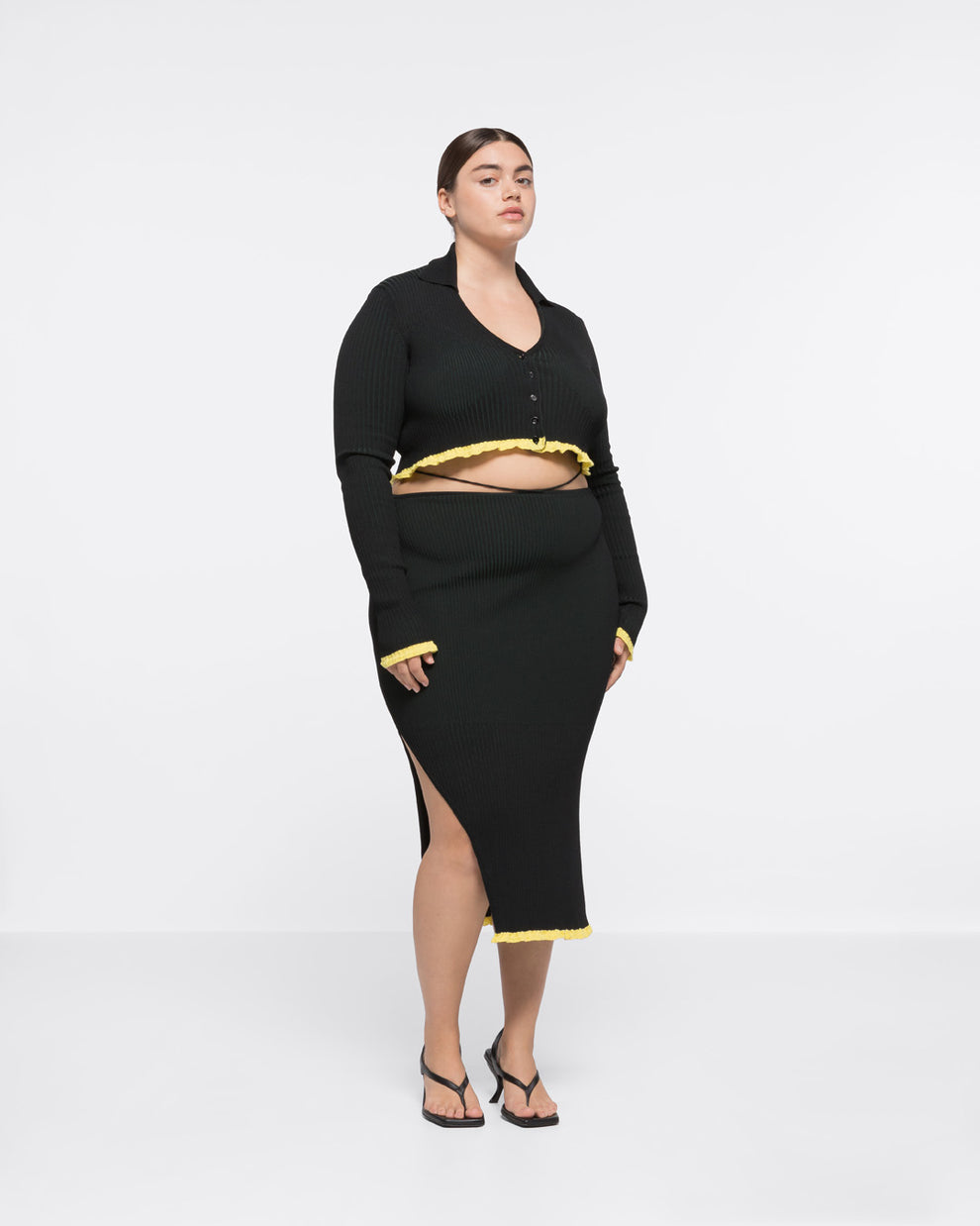RIBBED KNIT SIDE-SLIT SKIRT - BLACK/DARK GREEN - AZ Factory