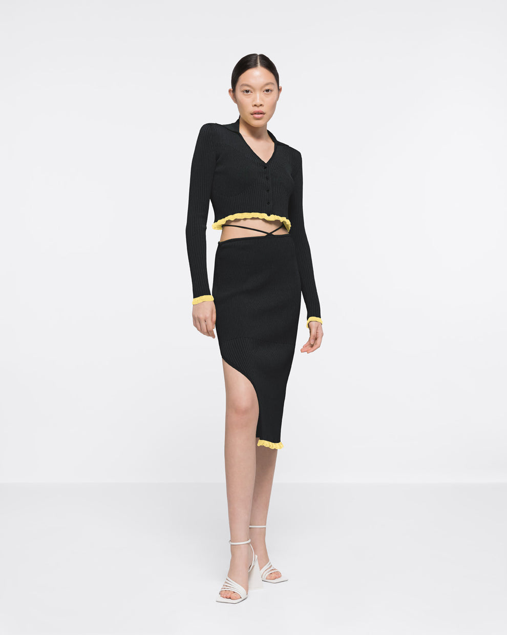 RIBBED KNIT SIDE-SLIT SKIRT - BLACK/DARK GREEN - AZ Factory