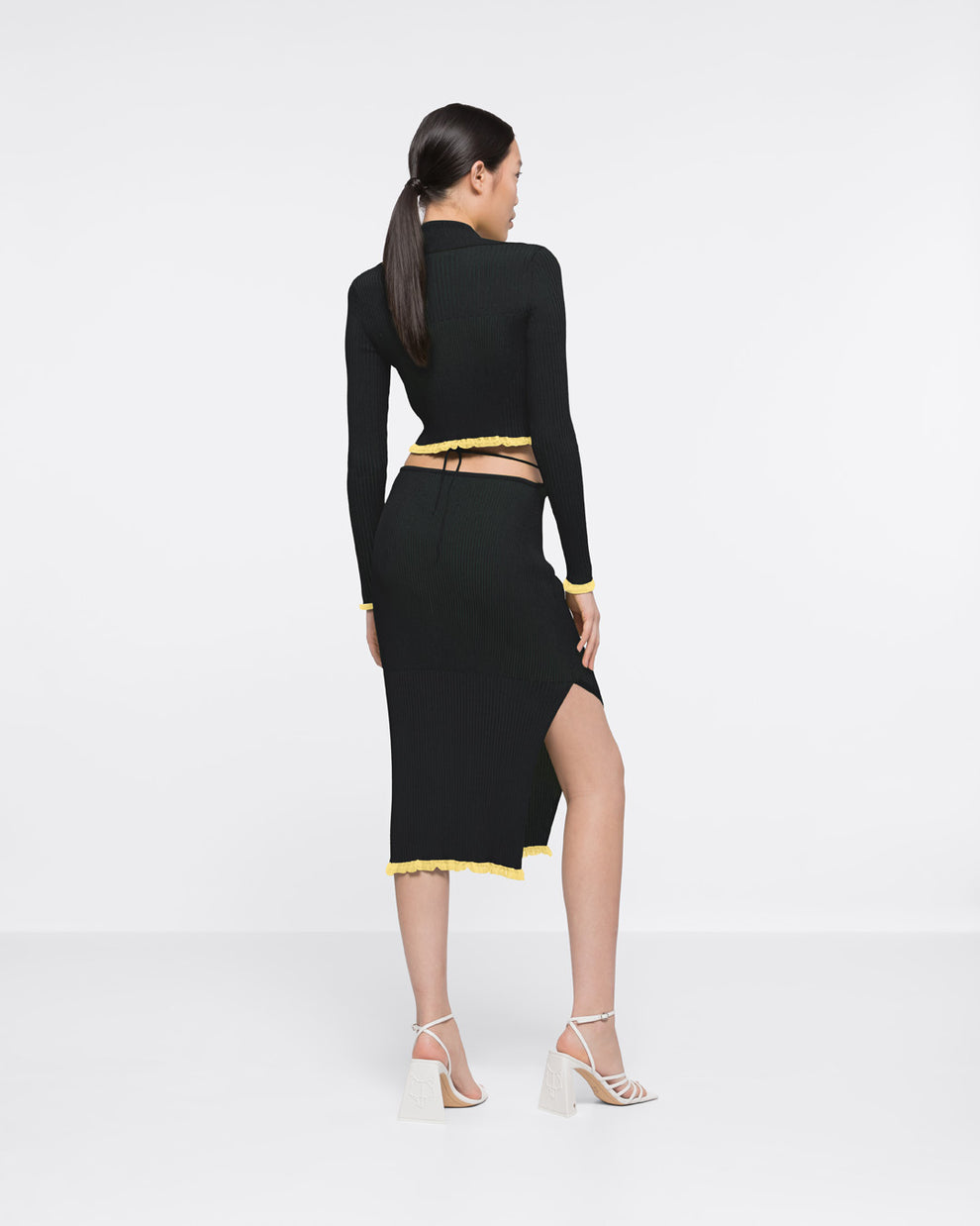 RIBBED KNIT SIDE-SLIT SKIRT - BLACK/DARK GREEN - AZ Factory