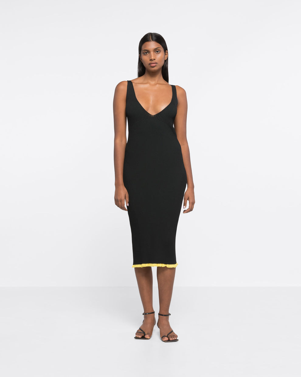 RIBBED KNIT V-NECK DRESS - BLACK/DARK GREEN - AZ Factory