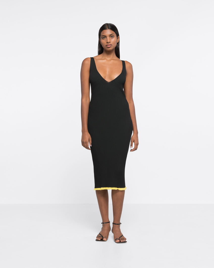 RIBBED KNIT V-NECK DRESS - BLACK/DARK GREEN - AZ Factory