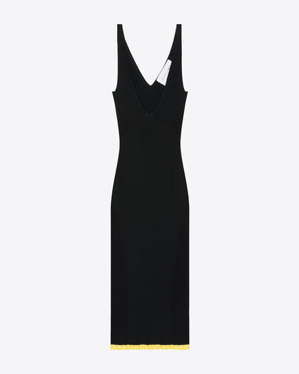 RIBBED KNIT V-NECK DRESS - BLACK/DARK GREEN