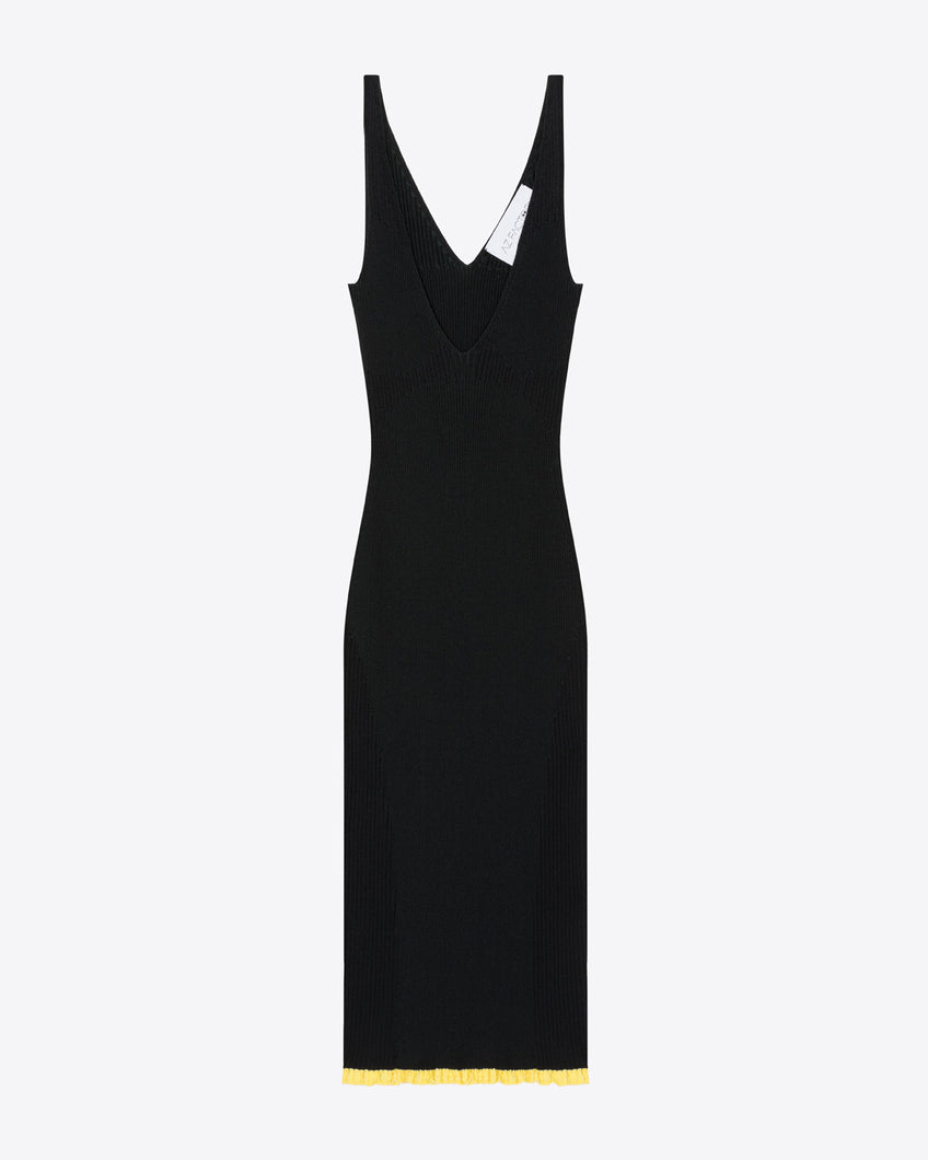 RIBBED KNIT V-NECK DRESS - BLACK/DARK GREEN - AZ Factory