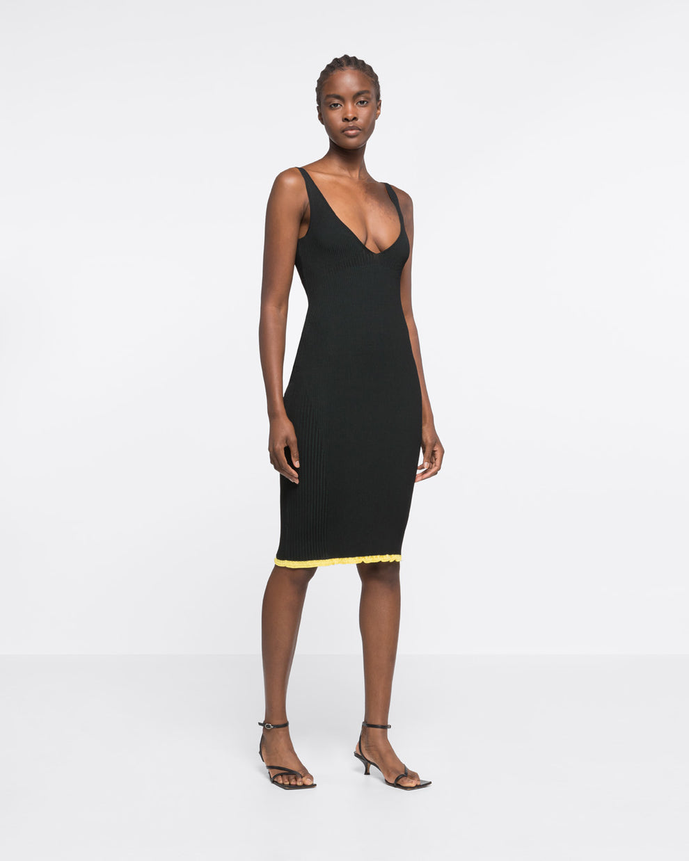 RIBBED KNIT V-NECK DRESS - BLACK/DARK GREEN - AZ Factory