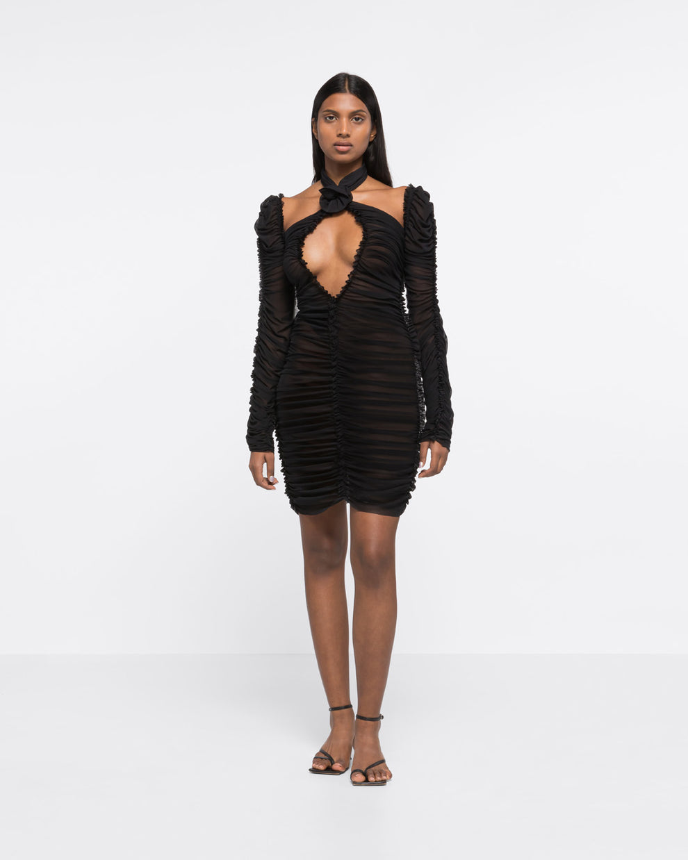RUCHED ROSE KNOT MINI DRESS - BLACK - AZ Factory