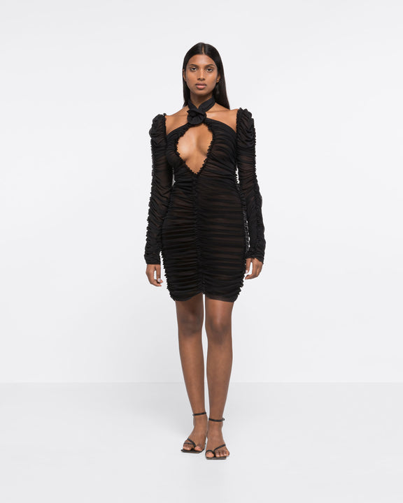 RUCHED ROSE KNOT MINI DRESS - BLACK - AZ Factory