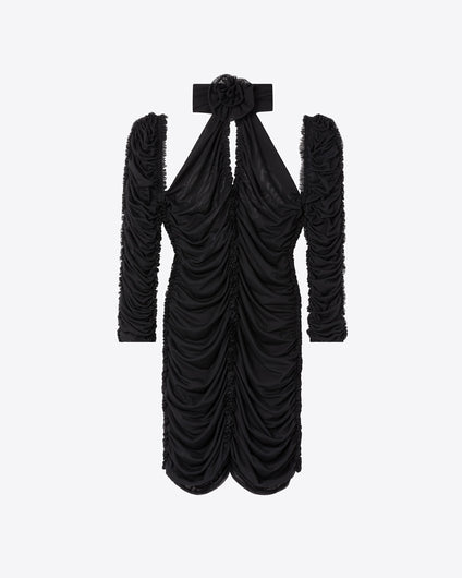 RUCHED ROSE KNOT MINI DRESS - BLACK