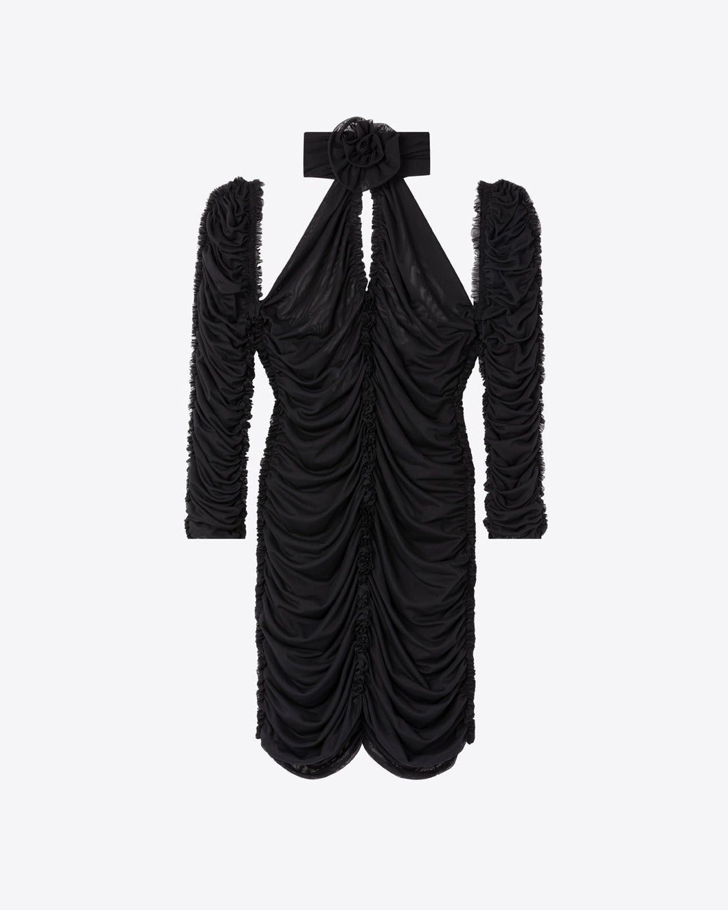 RUCHED ROSE KNOT MINI DRESS - BLACK