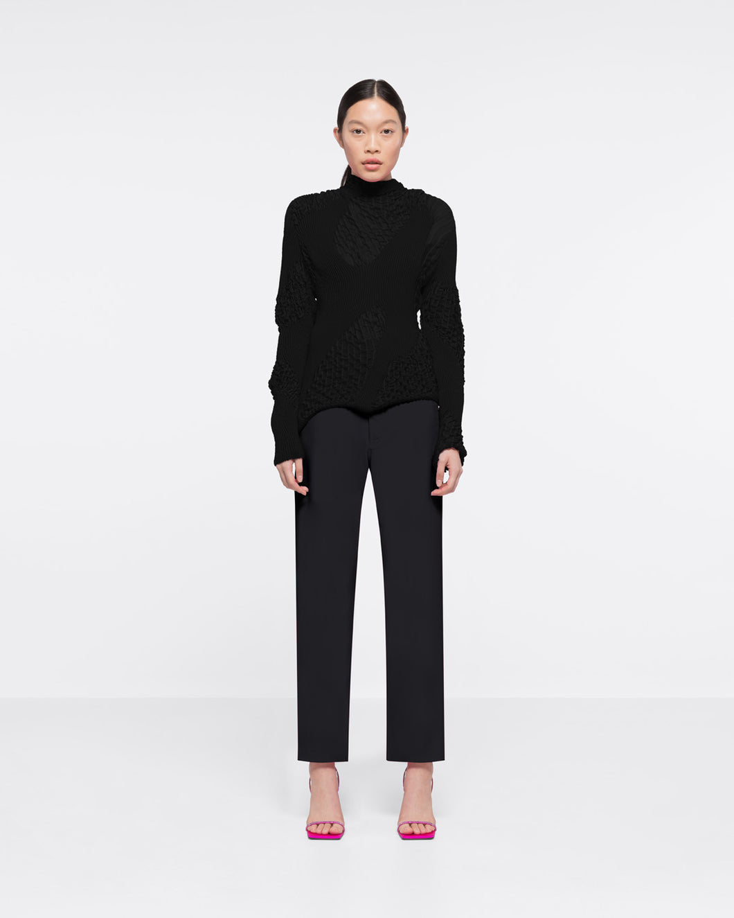TEXTURED KNIT TURTLENECK TOP - BLACK