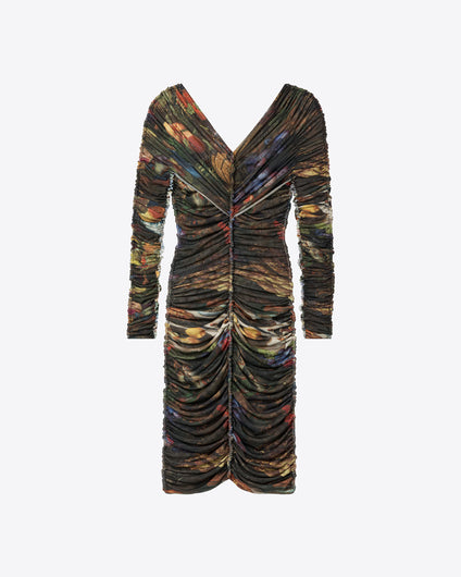 LONG SLEEVE RUCHED DRESS - MULTICOLOR