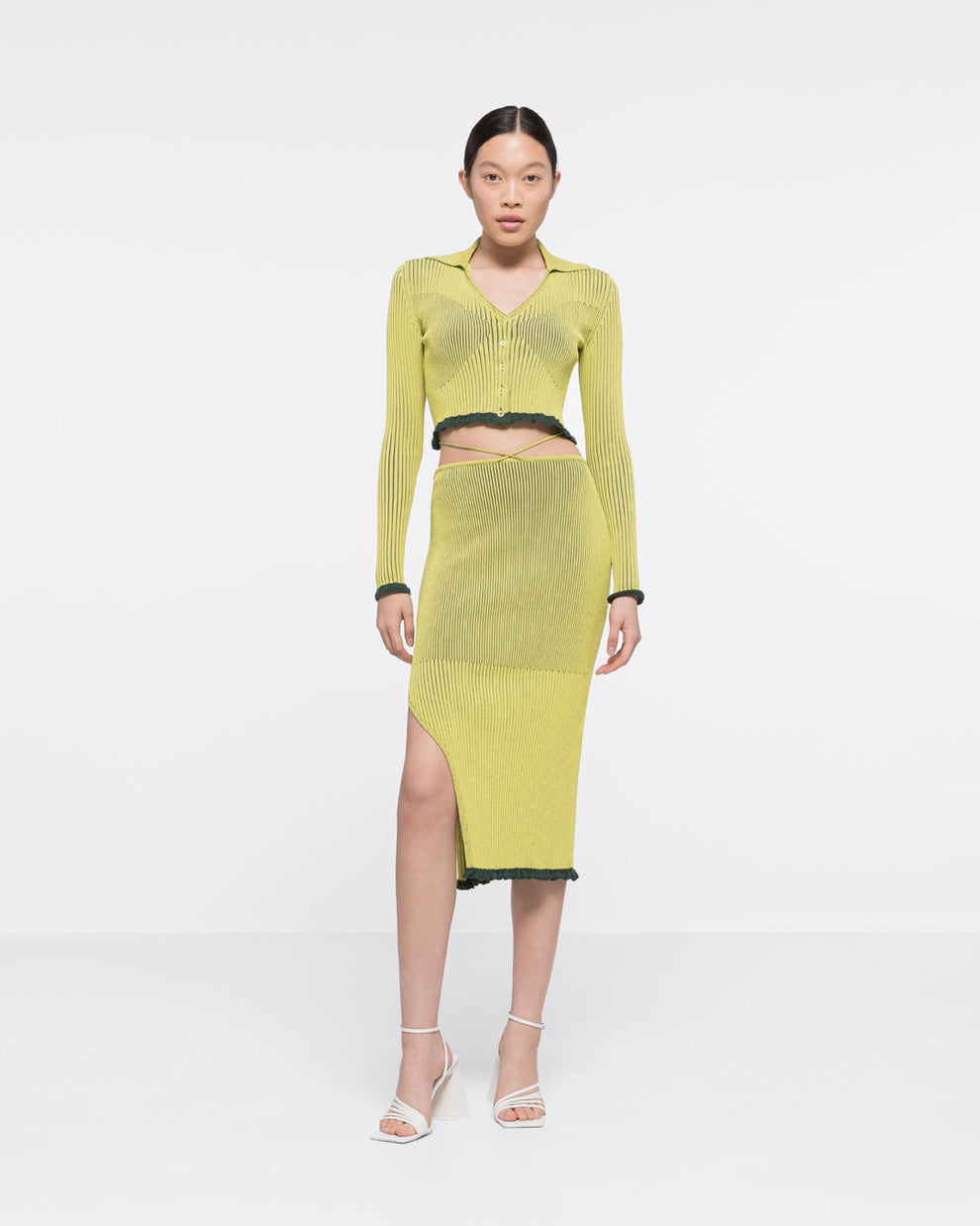 RIBBED KNIT BUTTON-DOWN CROP TOP - YELLOW/GREY - AZ Factory