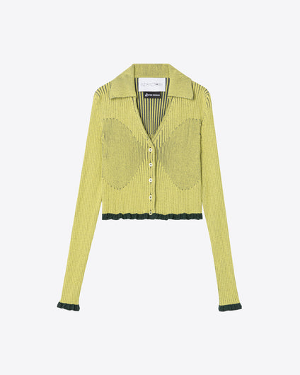 RIBBED KNIT BUTTON-DOWN CROP TOP - YELLOW/GREY