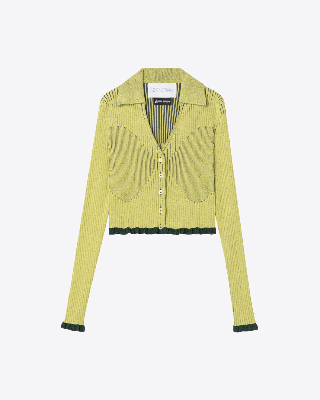 RIBBED KNIT BUTTON-DOWN CROP TOP - YELLOW/GREY