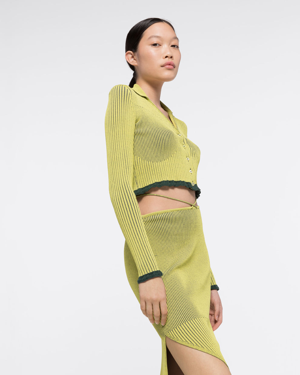 RIBBED KNIT BUTTON-DOWN CROP TOP - YELLOW/GREY - AZ Factory