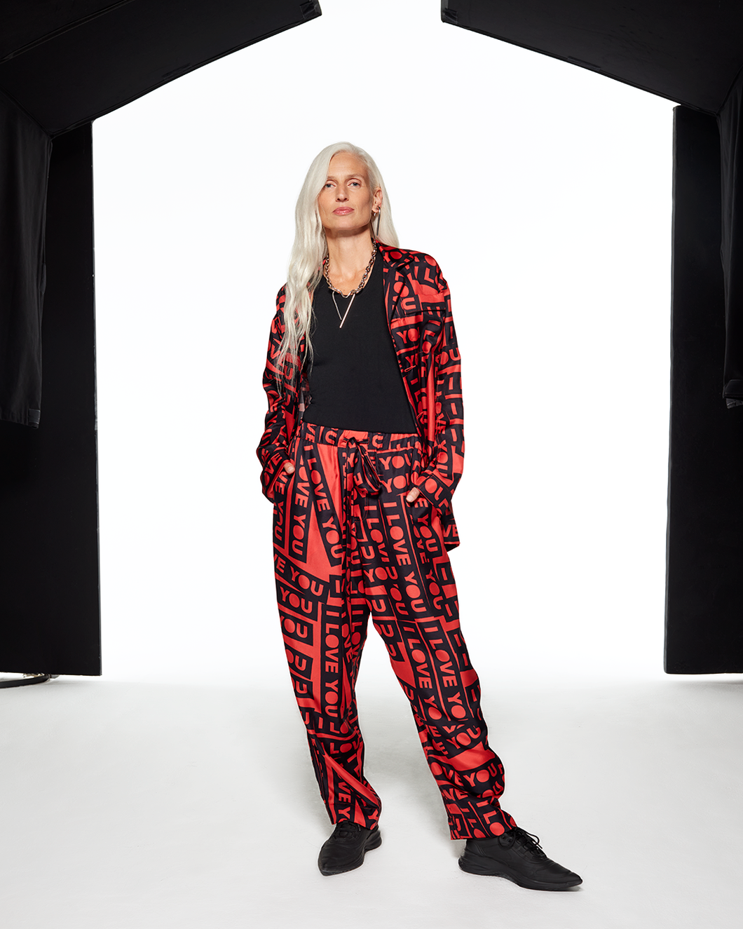 SILK PYJAMA SHIRT I LOVE YOU - BLACK / RED