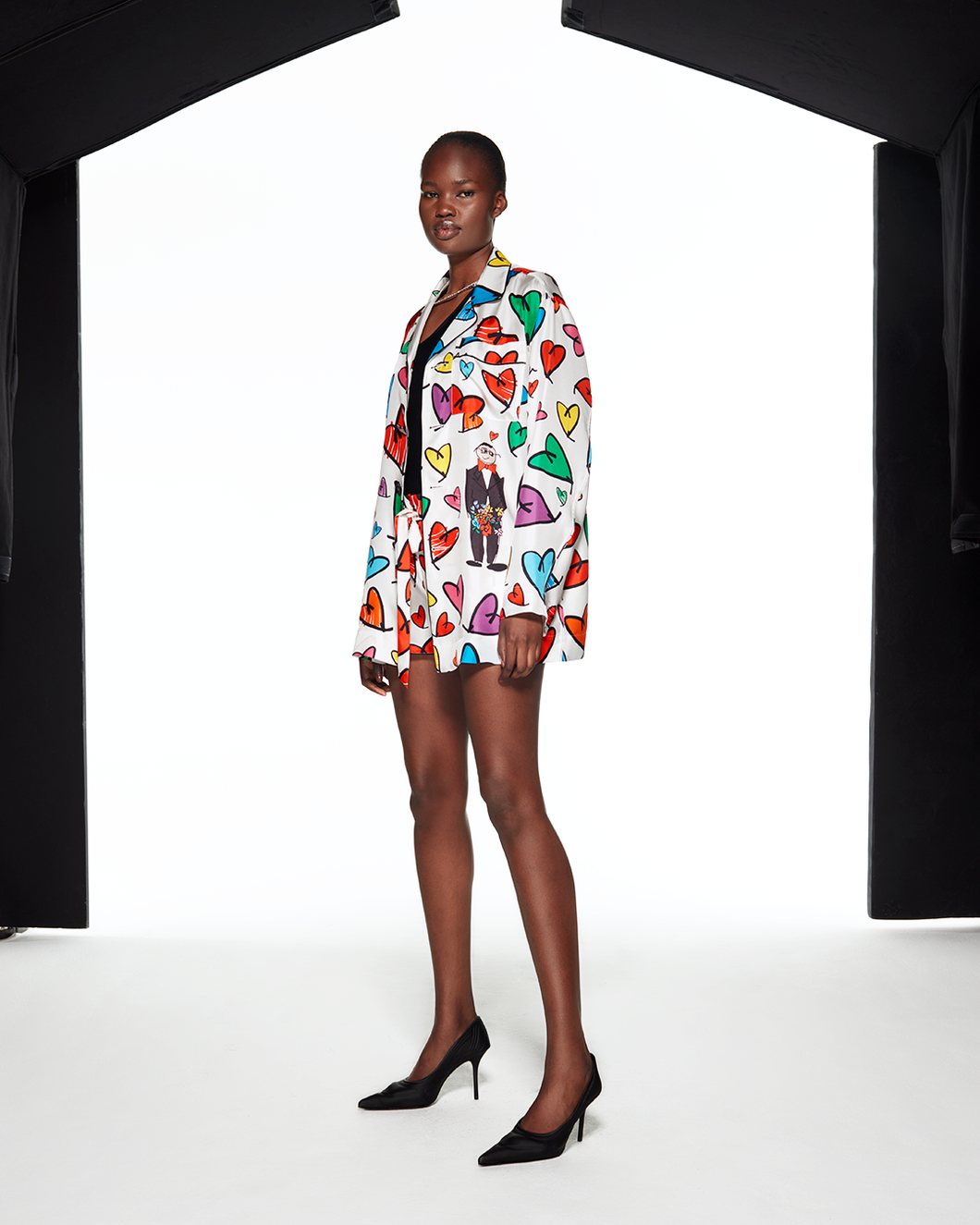 SILK PYJAMA SHIRT HEARTS FROM ALBER - MULTICOLOR / WHITE