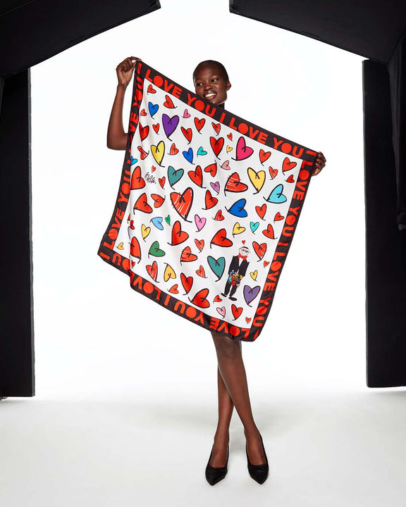 SILK SCARF HEARTS FROM ALBER - MULTICOLOR / WHITE - AZ Factory